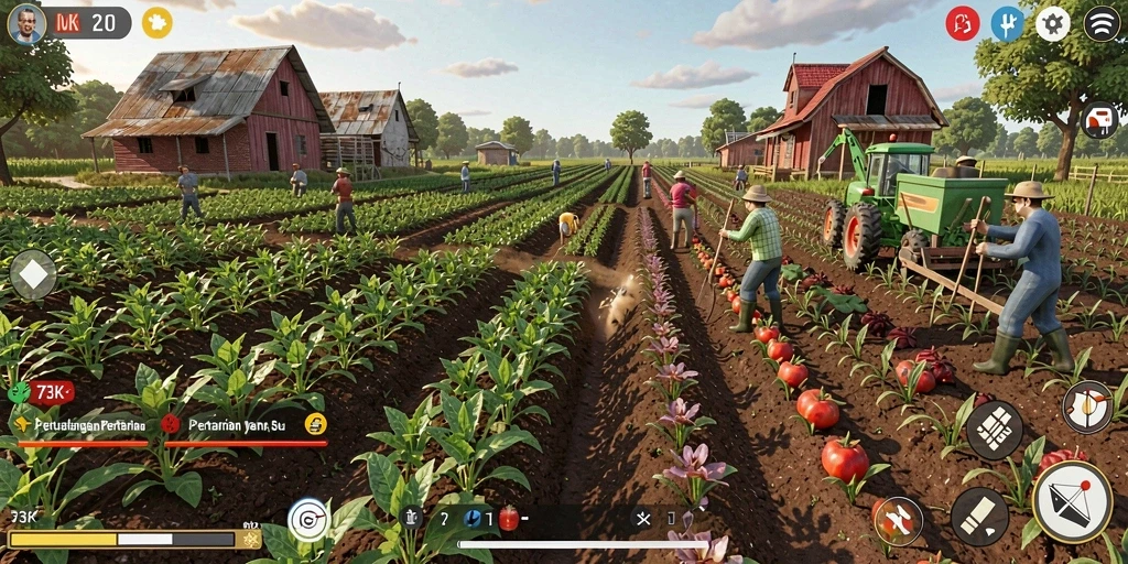 Screenshot gameplay 73K yang menampilkan lahan pertanian yang subur.