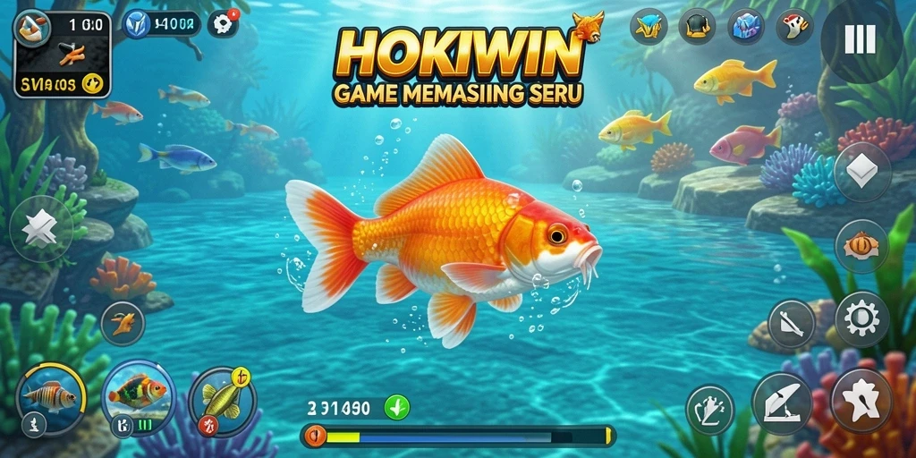 Screenshot gameplay HOKIWIN menampilkan aksi memancing yang seru.