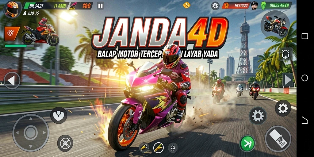 Tangkapan layar gameplay JANDA4D menunjukkan aksi balapan motor yang intens.