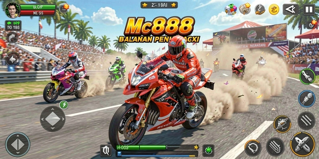Screenshot gameplay MC888 menampilkan balapan motor yang intens.