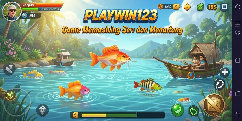 Screenshot utama PLAYWIN123 menampilkan momen seru saat memancing ikan besar.