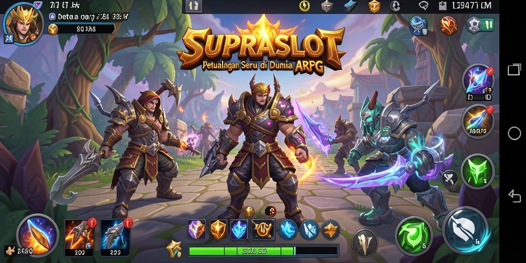 Screenshot utama SUPRASLOT menampilkan pertarungan epik di dunia fantasi.