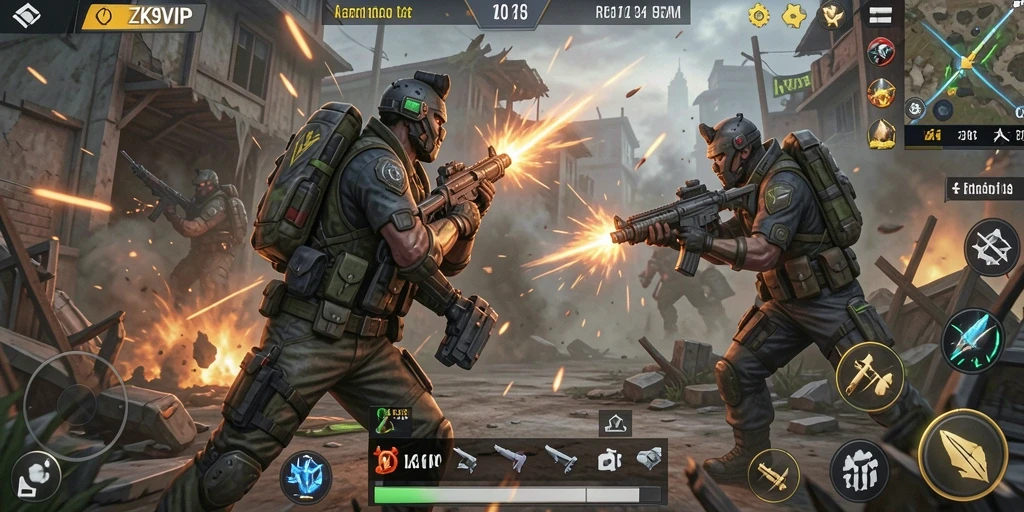 Tangkapan layar utama ZK9VIP menampilkan aksi seru dalam battle royale.